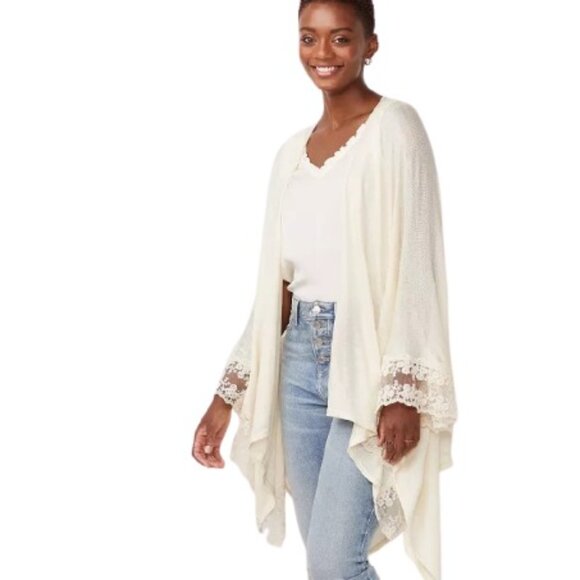 LC Lauren Conrad Womens Ruana Kimono Cardigan Ivory Cream Lace Trim OS New - Picture 1 of 4